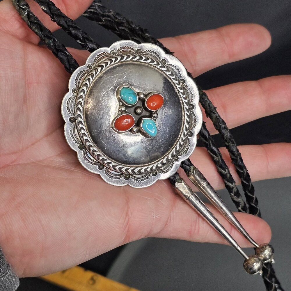 Navajo Turquoise And Coral Sterling Silver Bolo Tie Native American Vintage - Picture 10 of 11